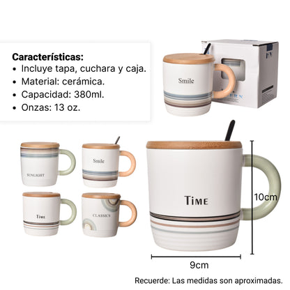 MUG POCILLO CERAMICA CON TAPA DE MADERA 380ML DIM:9*9*10