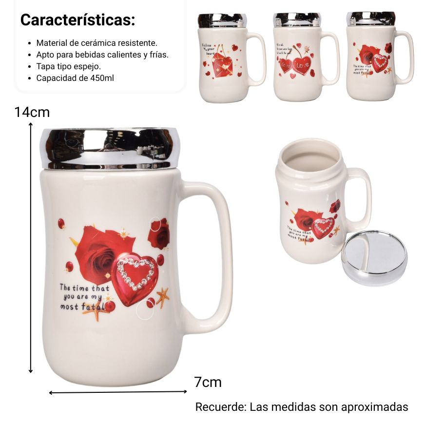 mug pocillo ceramica tapa espejo diseño corazones 450ml