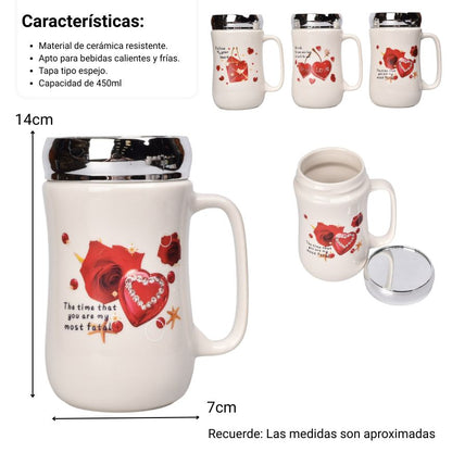 MUG POCILLO CERAMICA TAPA ESPEJO DISEÑO CORAZONES 450ML
