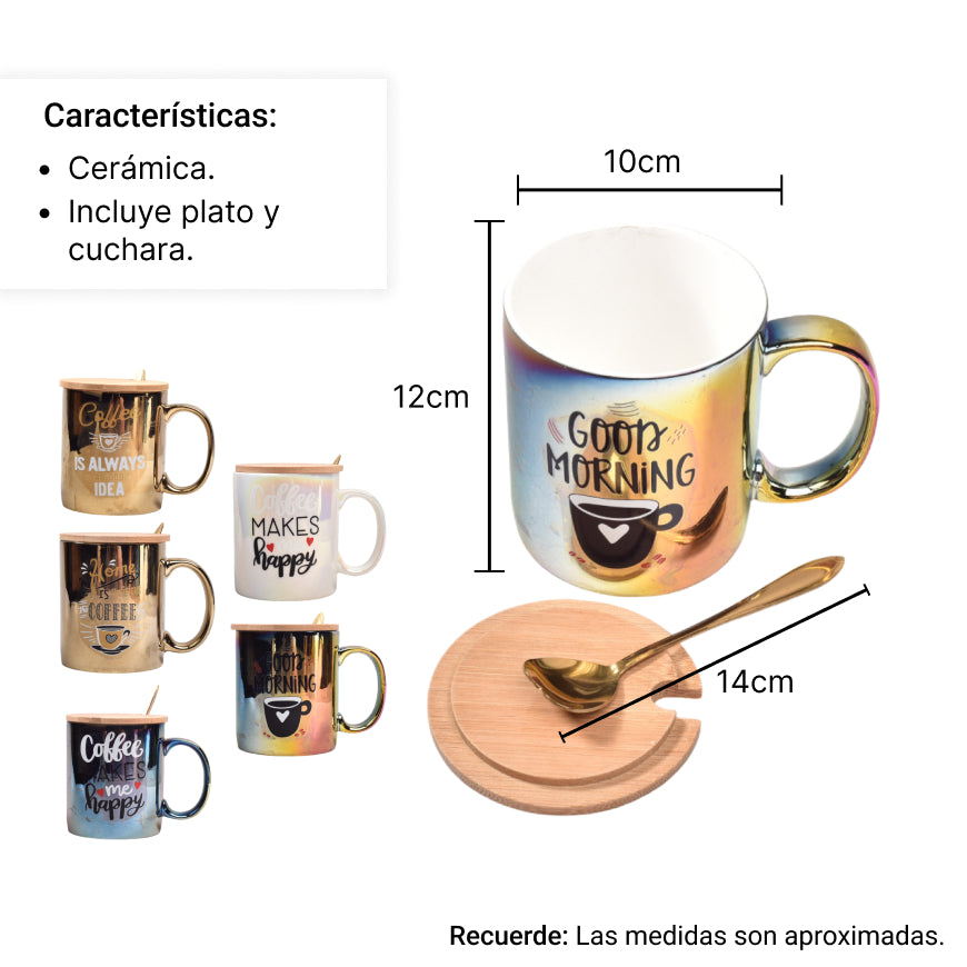 pocillo tornasol mug ceramica con tapa madera y cuchara
