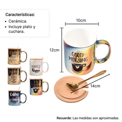 POCILLO TORNASOL MUG CERAMICA CON TAPA MADERA Y CUCHARA