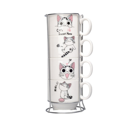 SET 4PCS POCILLOS CON BASE CERAMICA 150ML DISEÑO GATOS DIM:7X6X7