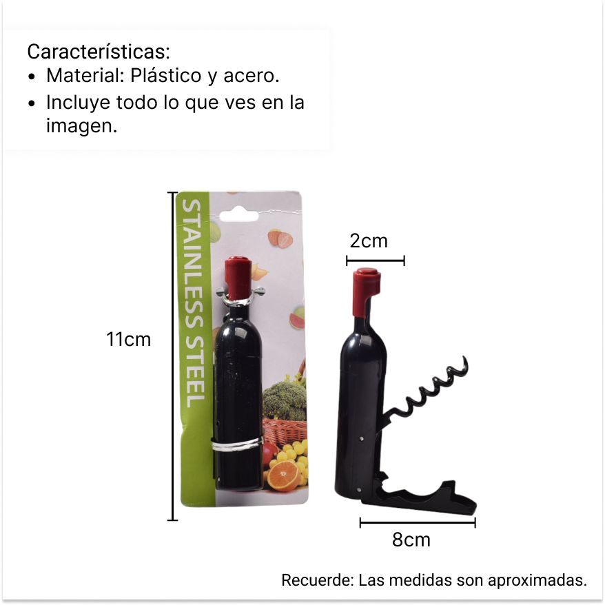 sacacorcho forma de vino metalico dim: 6x16cm