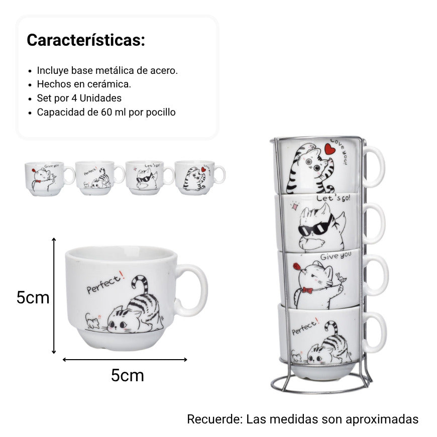 set 4pcs pocillos con base ceramica 60ml diseño gatos dim:6x5x5