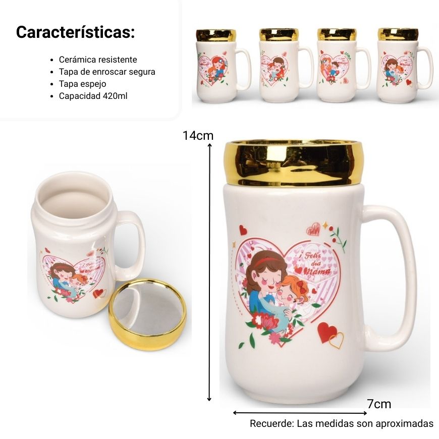 mug pocillo ceramica tapa espejo 420ml dim:6x6x13