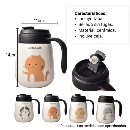 MUG POCILLO BLANCO DISEÑO DE GATOS EN CERAMICA GRANDE