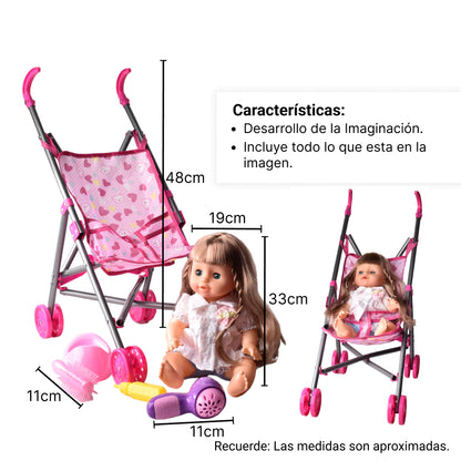 JUGUETE MUÑECA DE CAUCHO CON PASEADOR Y ACCESORIOS