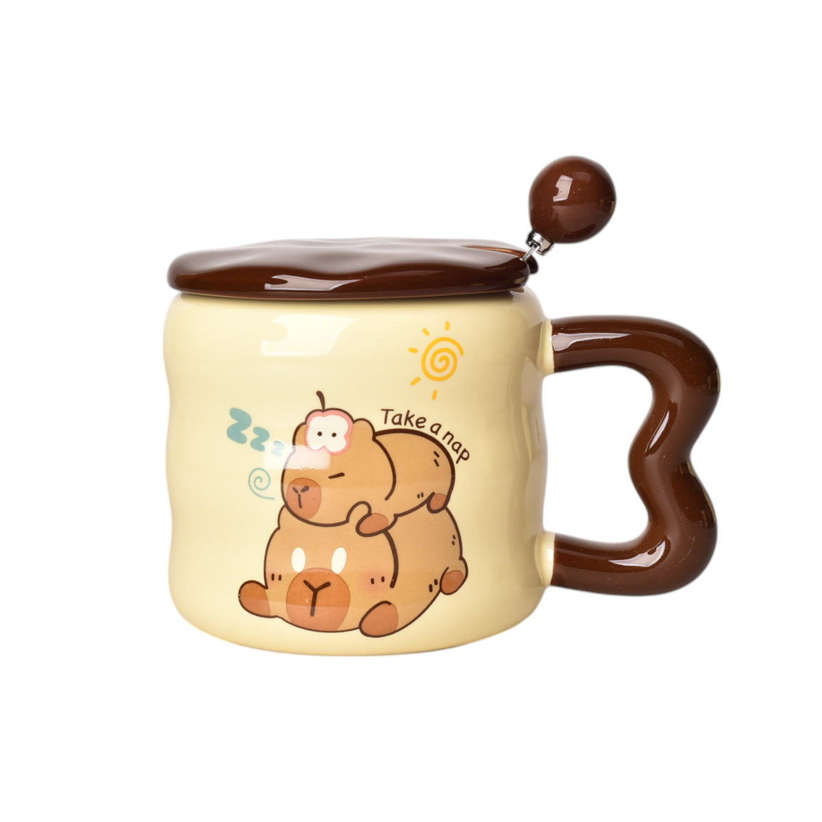 mug pocillo con tapa cuchara ceramica diseños capybara 380ml
