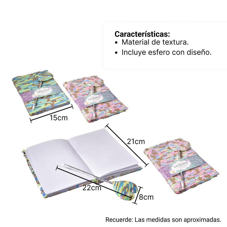 agenda diario con esfero lentejuelas  dim: 14x21