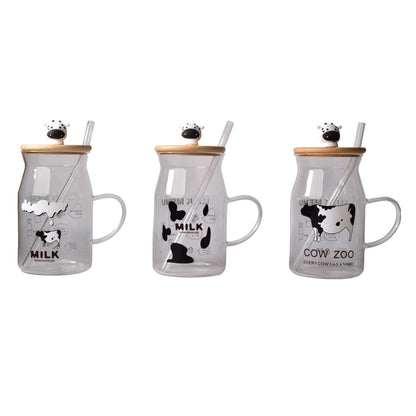 POCILLO VIDRIO CON TAPA DE MADERA Y PITILLO DISEÑOS DE VACAS