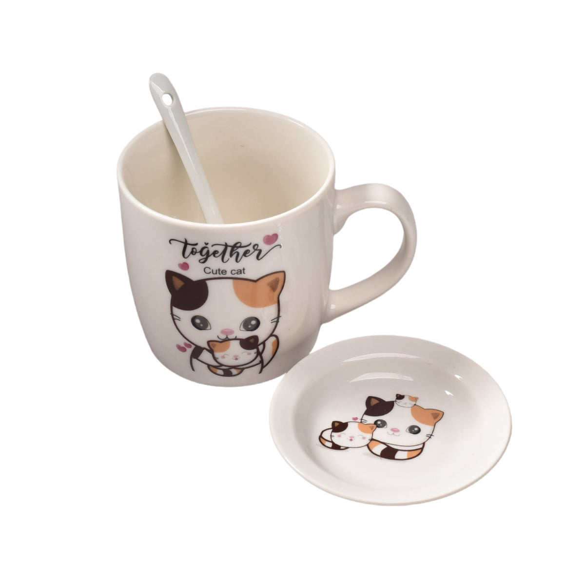 pocillo con plato y cuchara en ceramica gatos dim: 16x18x9