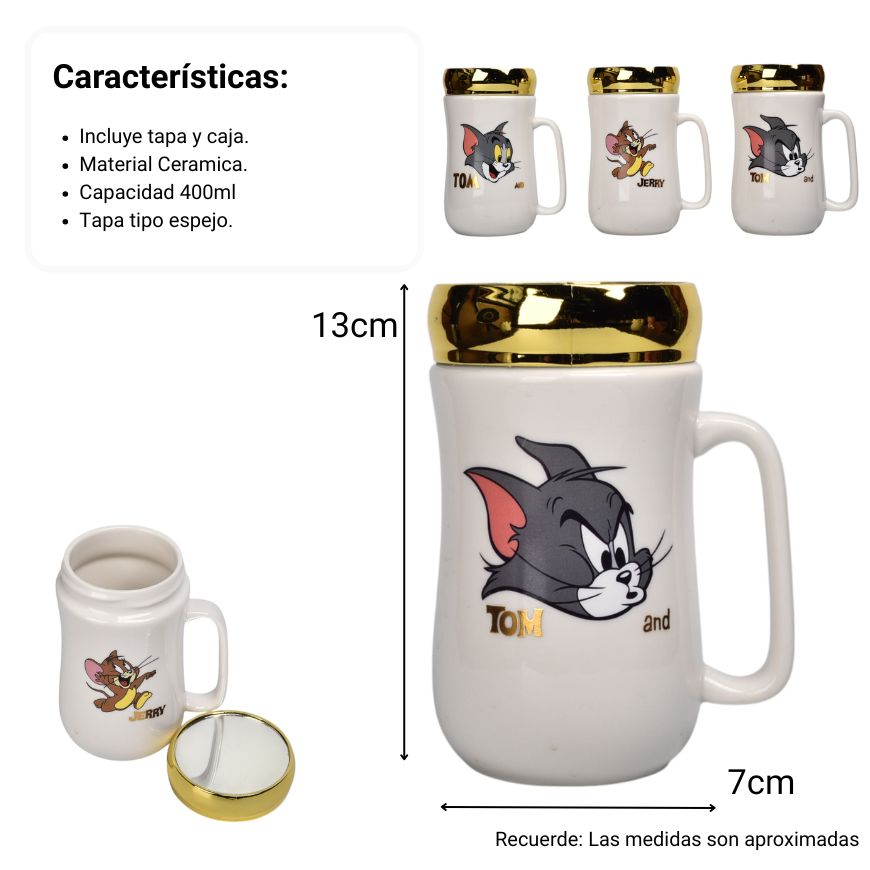 mug pocillo ceramica con tapa espejo personaje 400ml dim:7x7x13