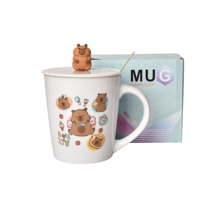 MUG POCILLO CON TAPA CUCHARA CERAMICA DISEÑOS CAPYBARA 450ML