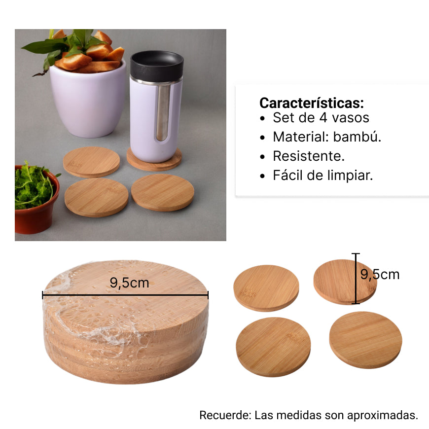 set 4 unidades portavasos redondos en bambu de color madera