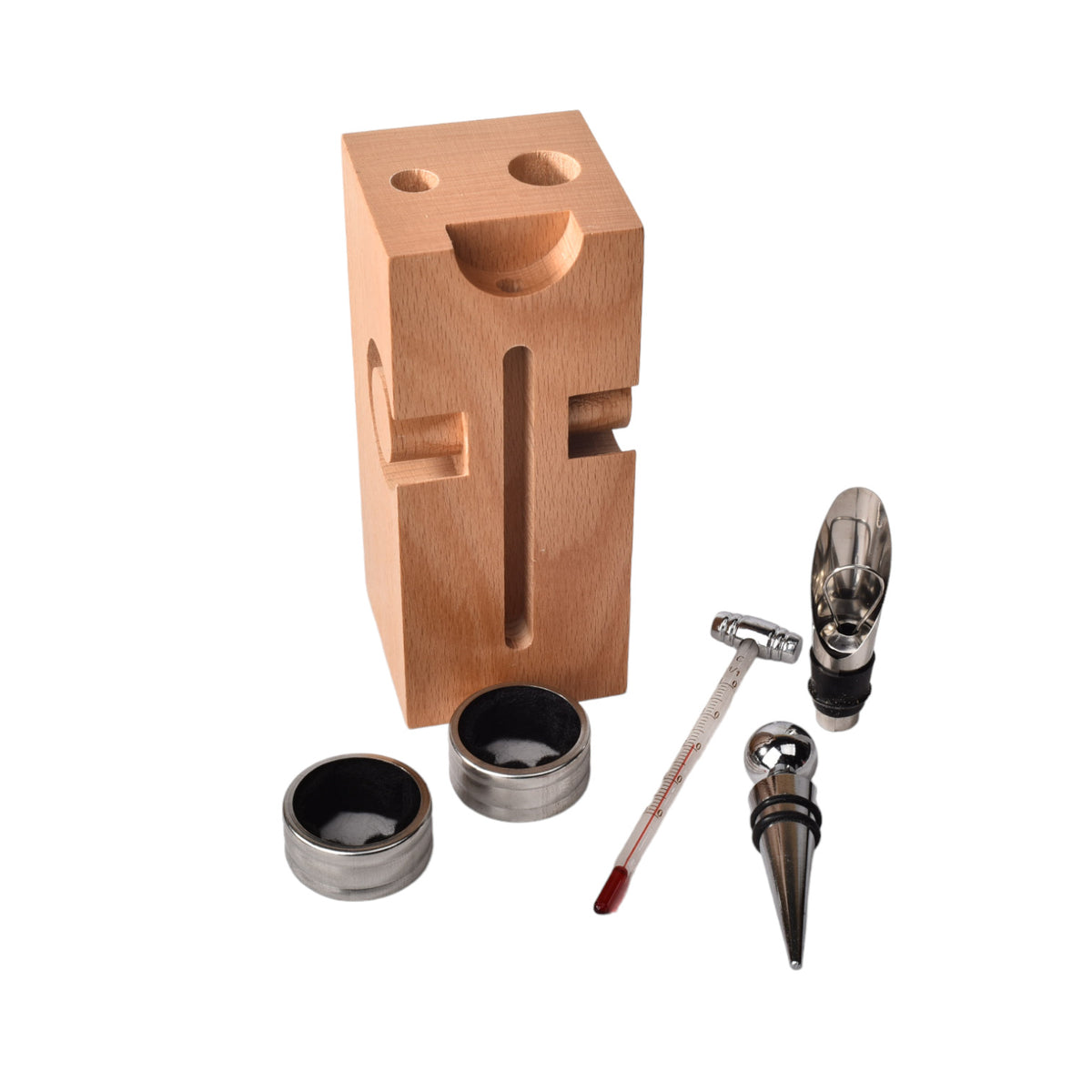 kit descorchador de vino acero inoxidable con base de madera