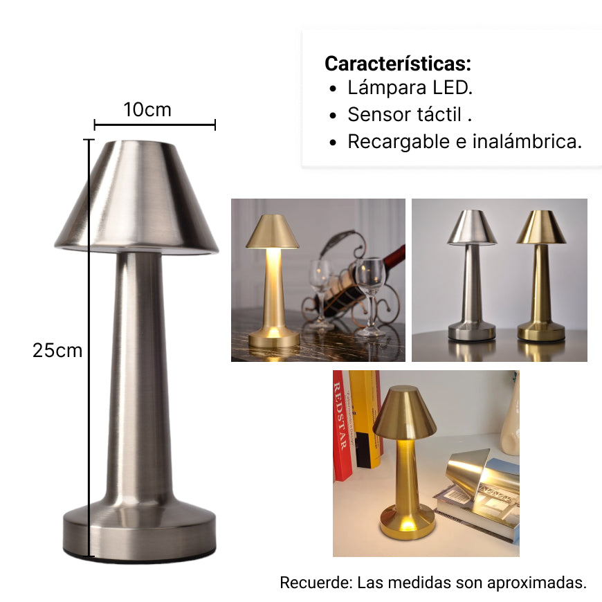 lampara de acero recargable con cable usb dorado plateado