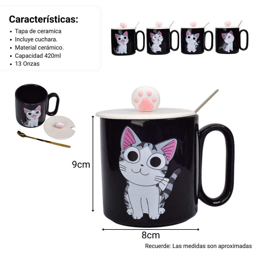 mug pocillo ceramica diseños gatos con cuchara 420ml dim:9x8