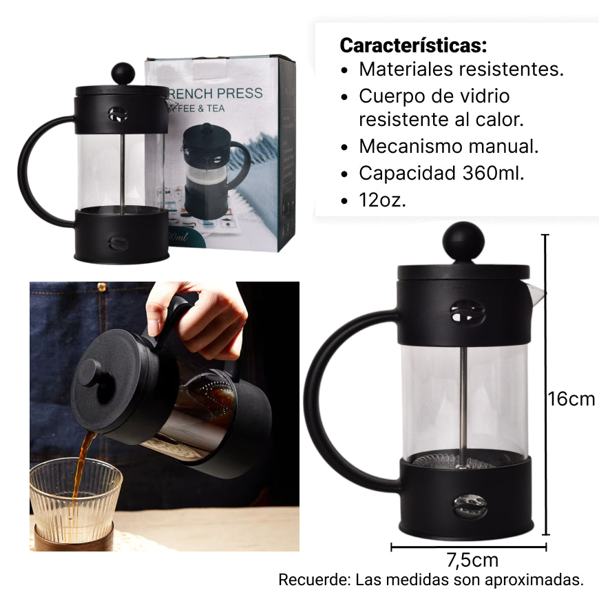 cafetera prensa francesa plastico y vidrio 360mldim:7*7*16