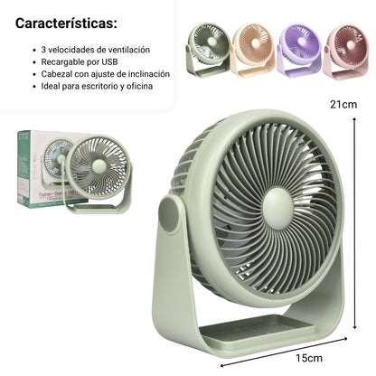VENTILADOR RECARGABLE PLASTICO CON CABLE USB DIM:15X17X9