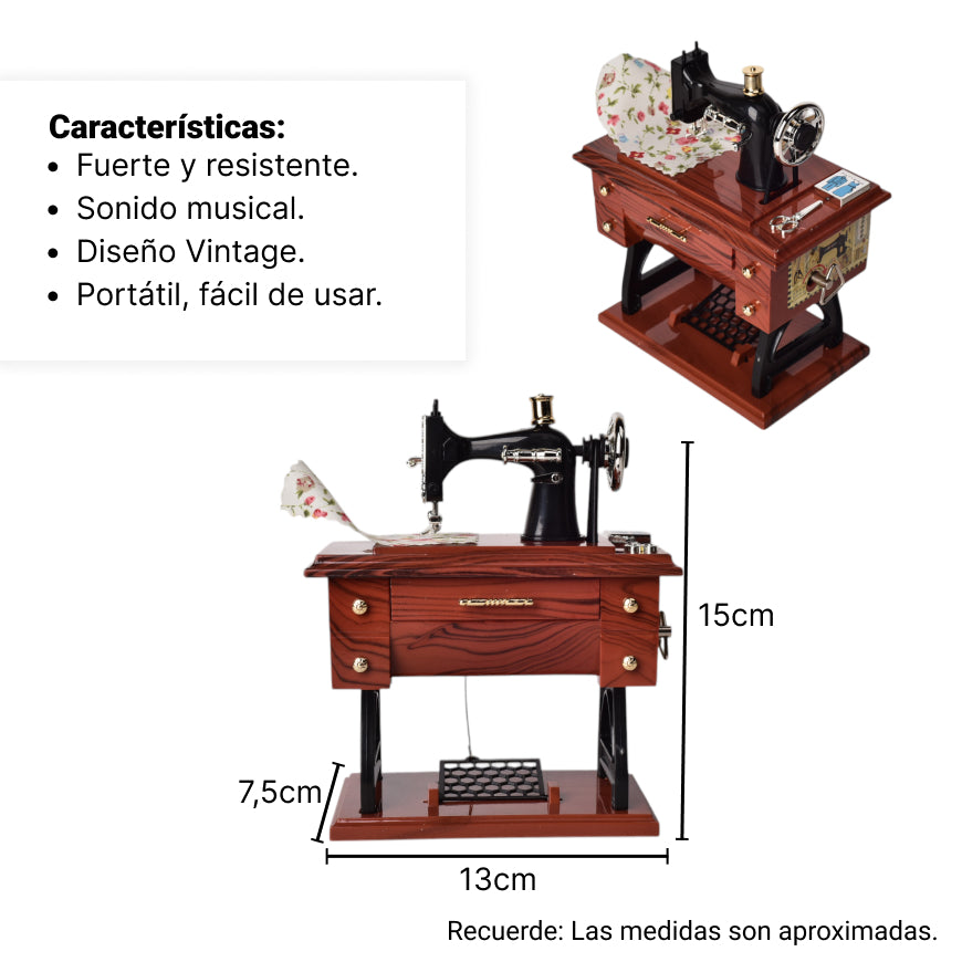 caja musical maquina de coser en plastico dim:7x15x13cm