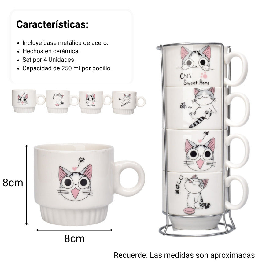 set 4pcs pocillos con base ceramica 250ml diseño gatos dim:8x8x8