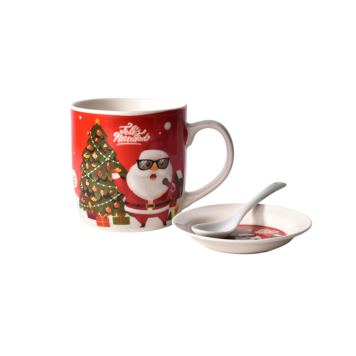 set pocillo ceramica con cuchara y plato de navidad