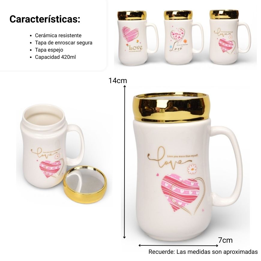 mug pocillo ceramica tapa espejo 420ml dim:7x7x14