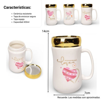 MUG POCILLO CERAMICA TAPA ESPEJO 420ML DIM:7X7X14