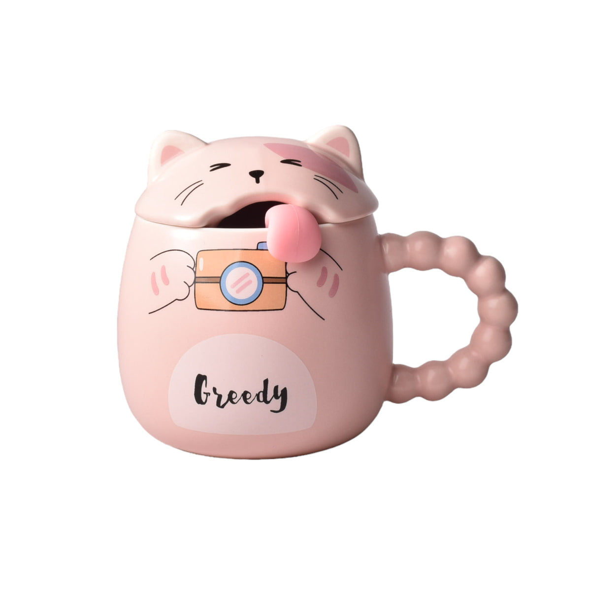 mug pocillo con tapa  cuchara ceramica diseños gatos 360ml