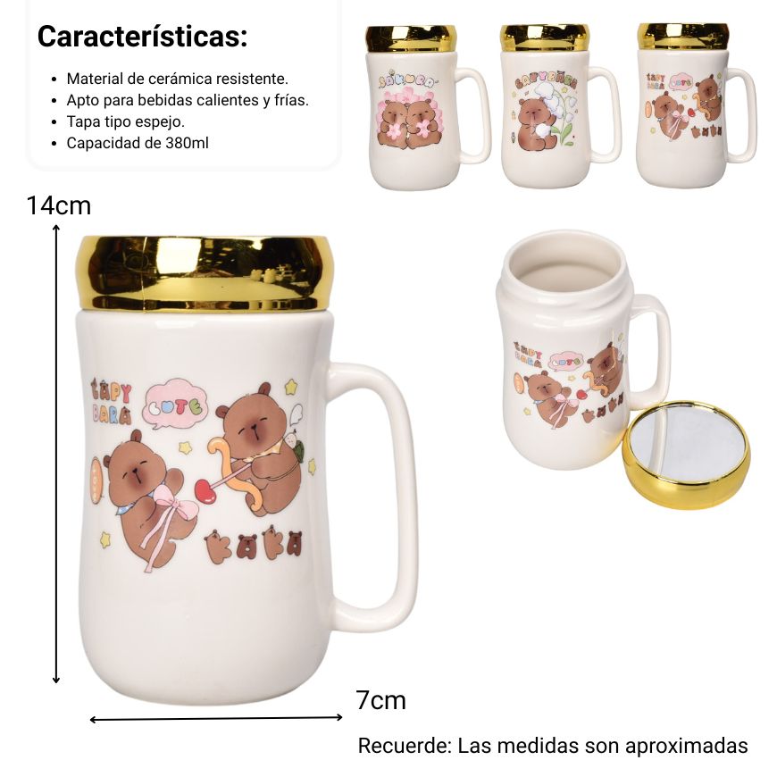 mug pocillo ceramica tapa espejo capybara 380ml