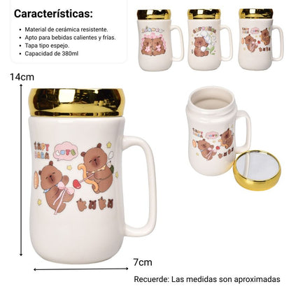 MUG POCILLO CERAMICA TAPA ESPEJO CAPYBARA 380ML