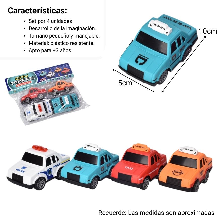 juguete set por 4 unidades carros plastico multicolores dim:28x7x25