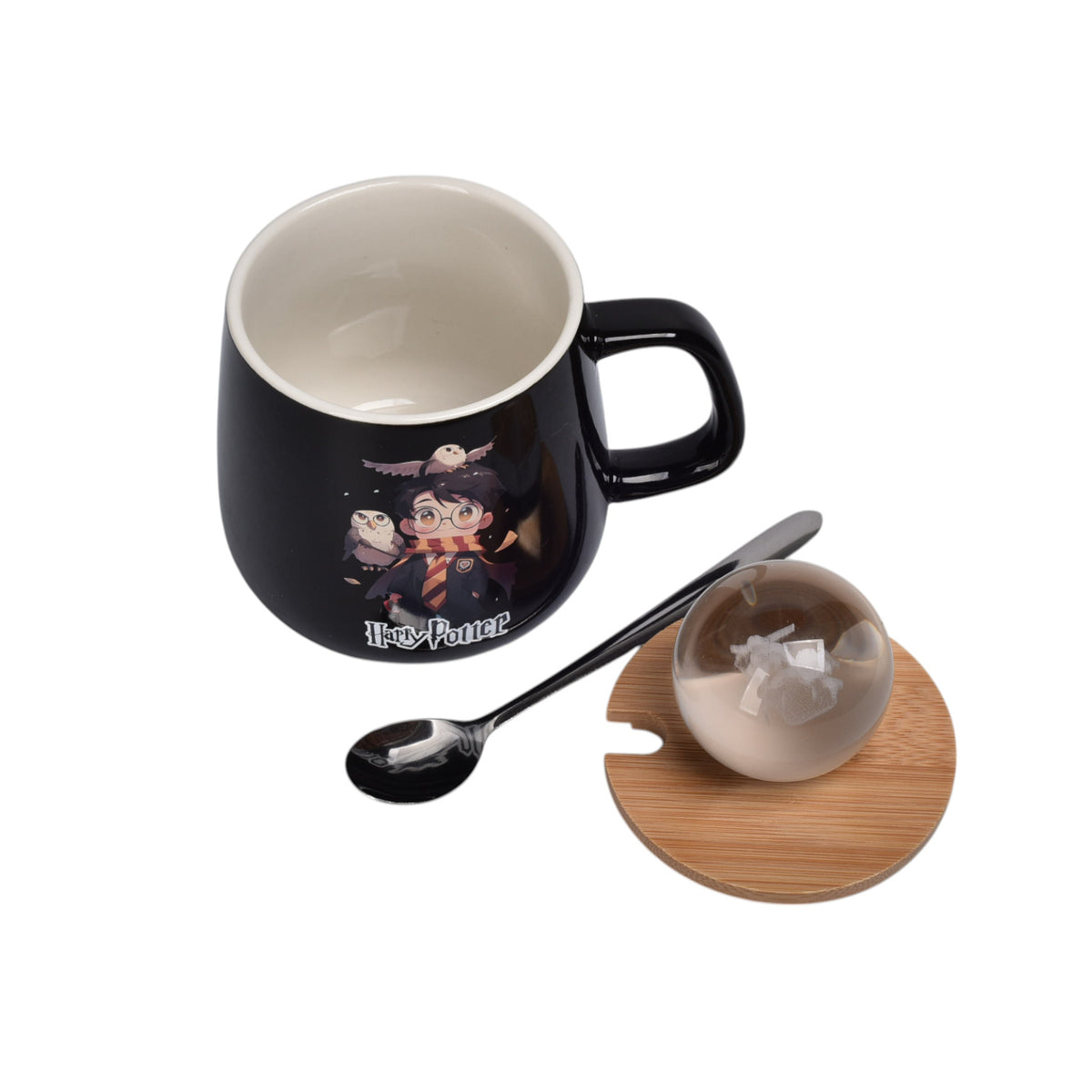 mug pocillo de ceramica personaje con tapa de madera y esfera 400ml