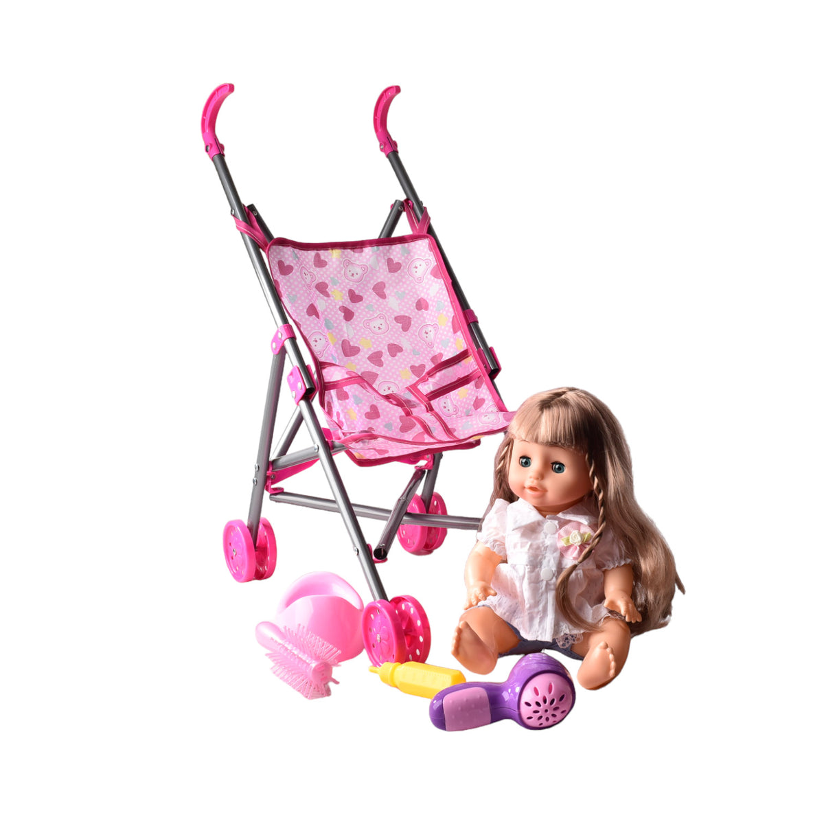juguete muñeca de caucho con paseador y accesorios