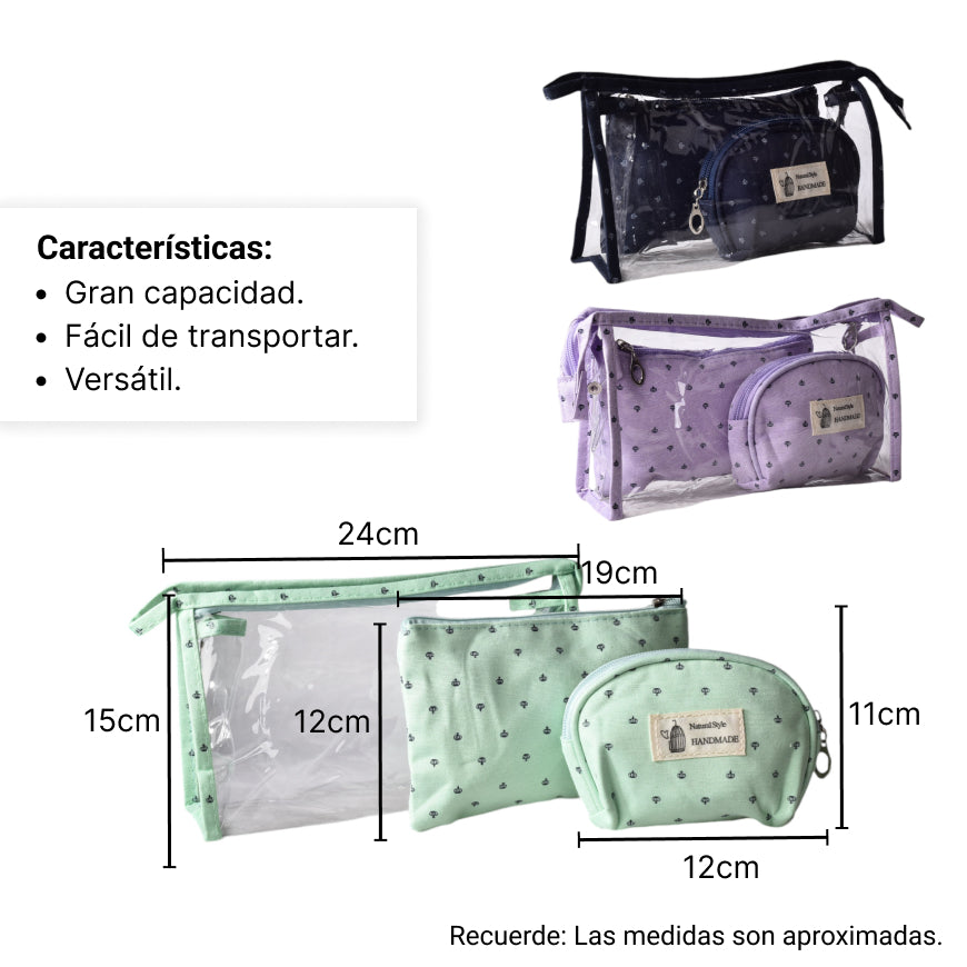 cosmetiquera x 3 und maquillaje sintetico pvc