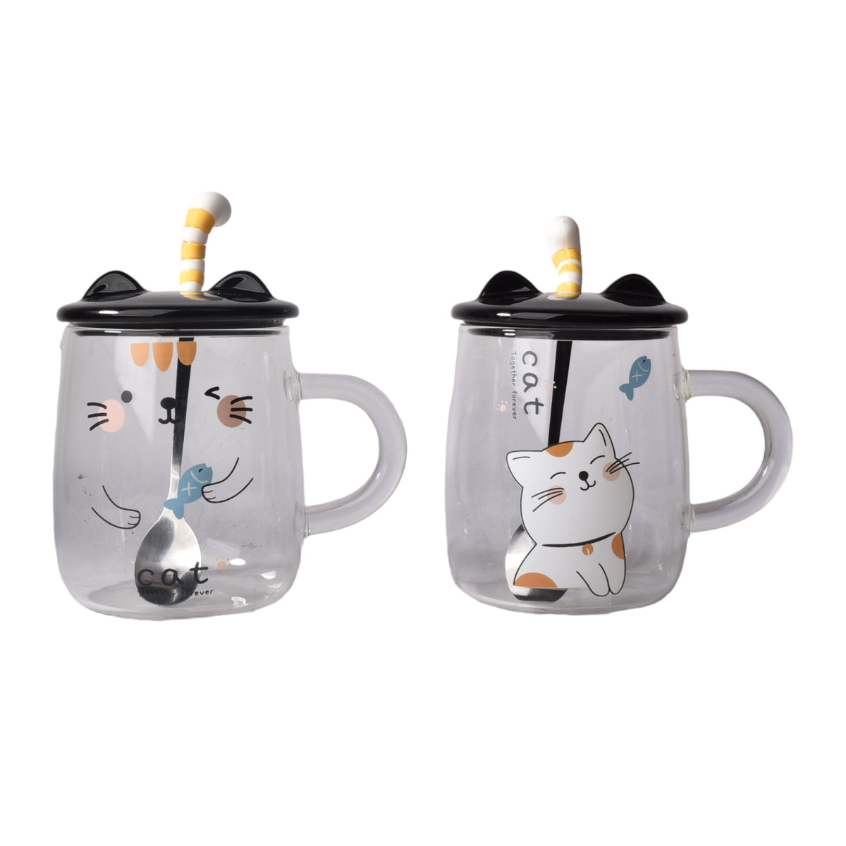 pocillo vidrio ceramica con tapa y cuchara diseños de gatos