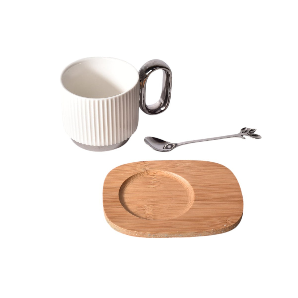 mug pocillo ceramica con cuchara y base madera