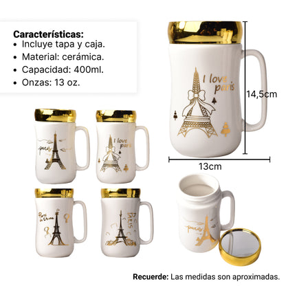 MUG POCILLO CERAMICA DIFERENTES DISEÑOS CON TAPA DE 400ML