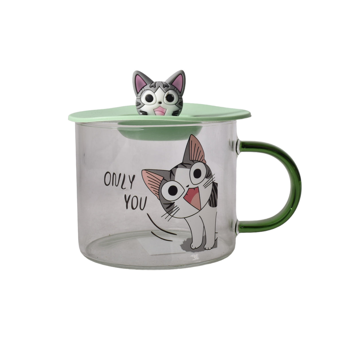 mug pocillo transparente diseño de gatos en vidrio con tapa