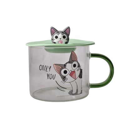 MUG POCILLO TRANSPARENTE DISEÑO DE GATOS EN VIDRIO CON TAPA