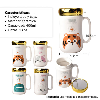 MUG POCILLO CERAMICA DISEÑOS DE ANIMALES CON TAPA DE 400ML