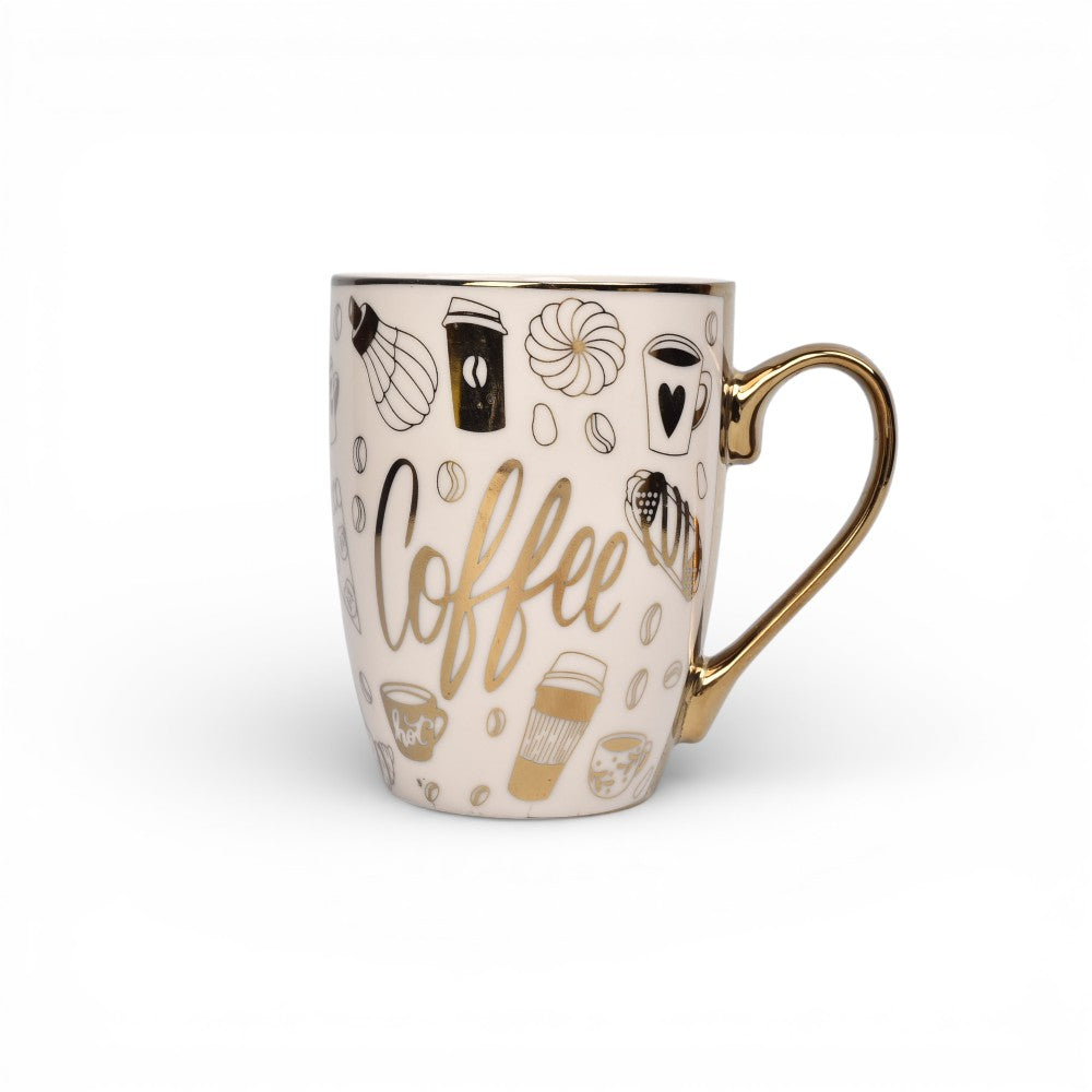 pocillo mug blanco con dorado ceramica dim:8x8x10