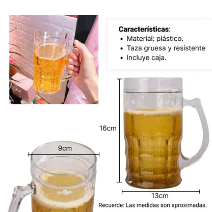 VASO TRANSPARENTE CERVECERO GRANDE PLASTICO 400ML DIM:8X8X15