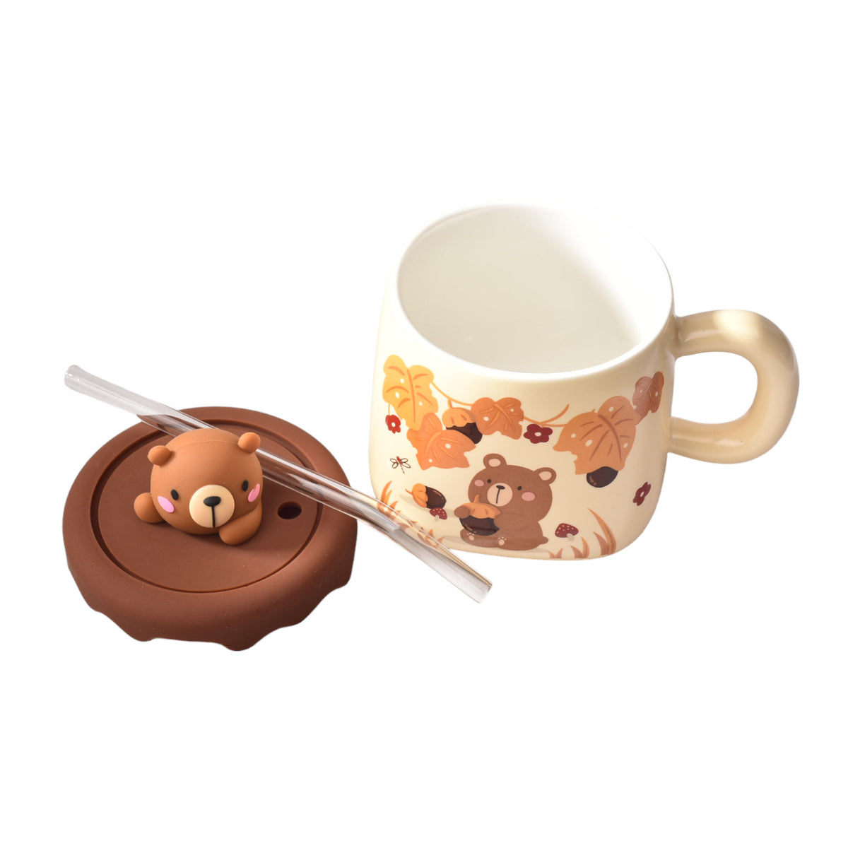 mug pocillo ceramica diseños de osos con pitillo y tapa
