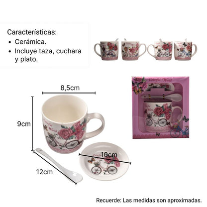 POCILLO CON PLATO Y CUCHARA EN CERAMICA