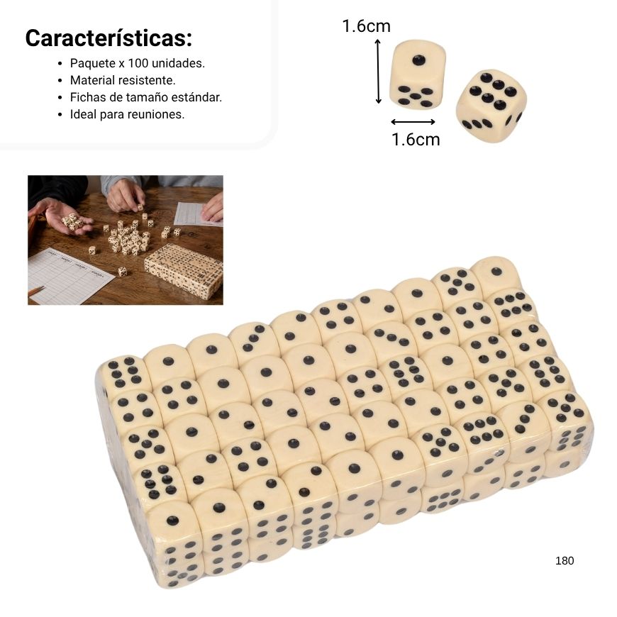 dados set 100pcs plastico dim:1.6x1.6x1.6cm