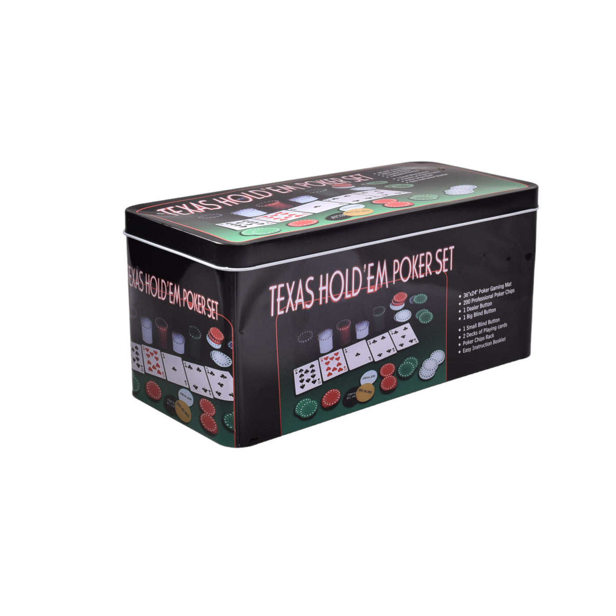 juego de poker con fichas, tapeta y caja de metal