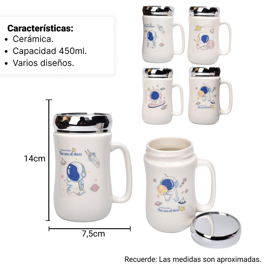 pocillo ceramica diseño astronauta con tapa 450ml dim:7x14