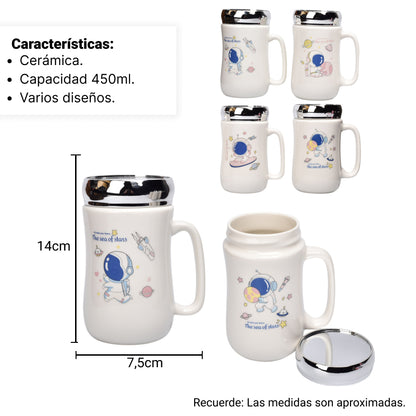 POCILLO CERAMICA DISEÑO ASTRONAUTA CON TAPA 450ML DIM:7X14