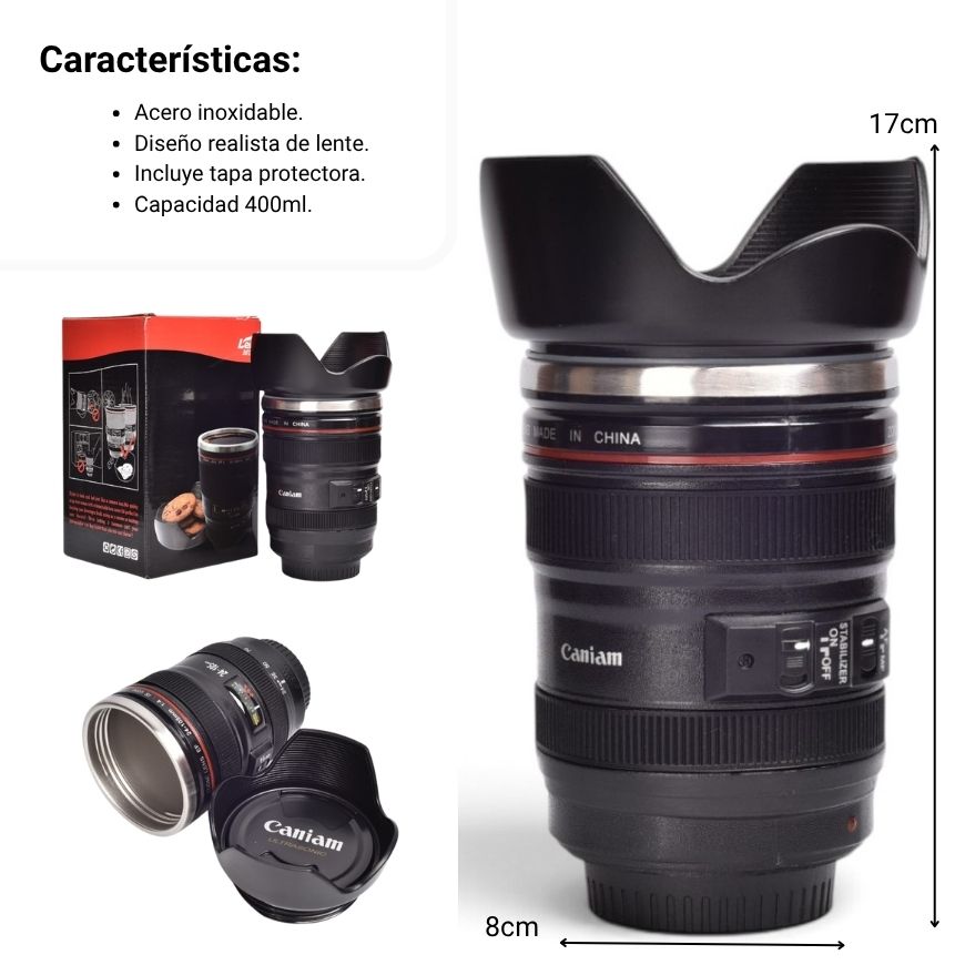 termo metalico 400ml vaso negro forma lente camara